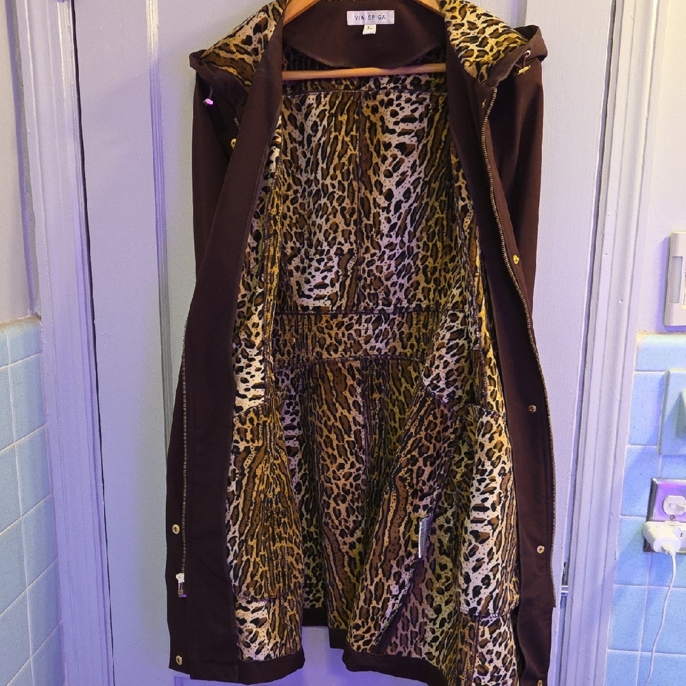 NWOT Classy Stylish Via Spiga Purple Trench Coat with Leopard Print Lining XL - Picture 5 of 7